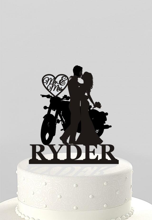 wedding photo - Wedding Cake Topper Silhouette Couple on Motorcycle Mr & Mrs Personalized with Last Name, Acrylic Cake Topper [CT122]