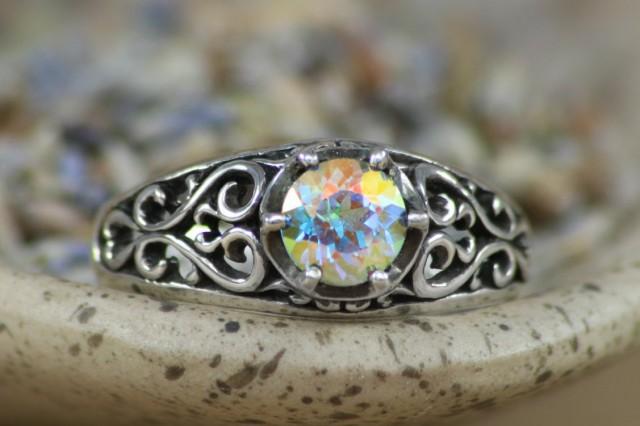 wedding photo - Size 7.75 - Victorian Filigree with Opalescent Topaz In Sterling - Silver Ring with Color Change Gemstone - Ready To Ship - Gift For Her