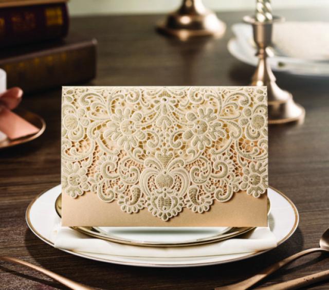 wedding photo - Elegant Ivory Gold Laser Cut Card