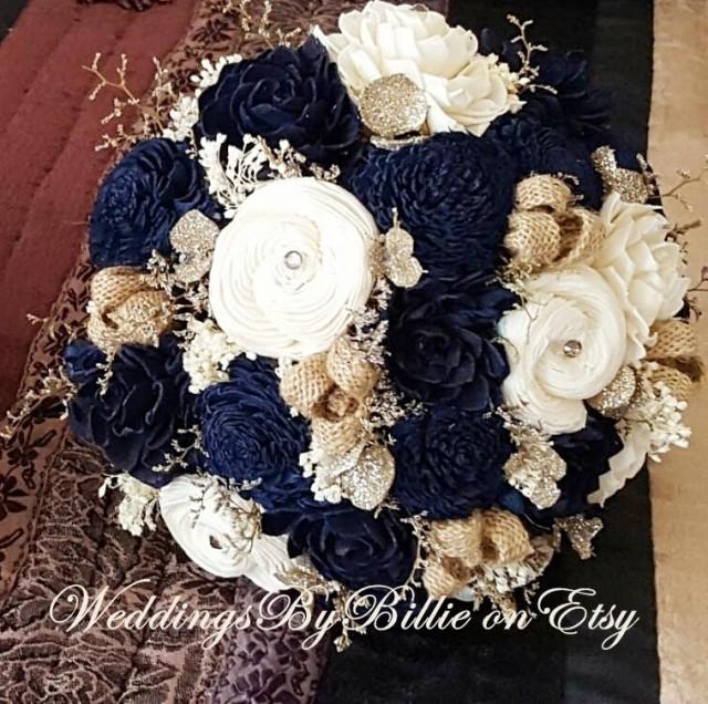Navy Blue Sola Bouquet, Blue Champagne Ivory Bouquet, Wedding Flowers, Rustic Shabby Chic,Bridal Accessories, Keepsake Bouquet, Sola Flowers