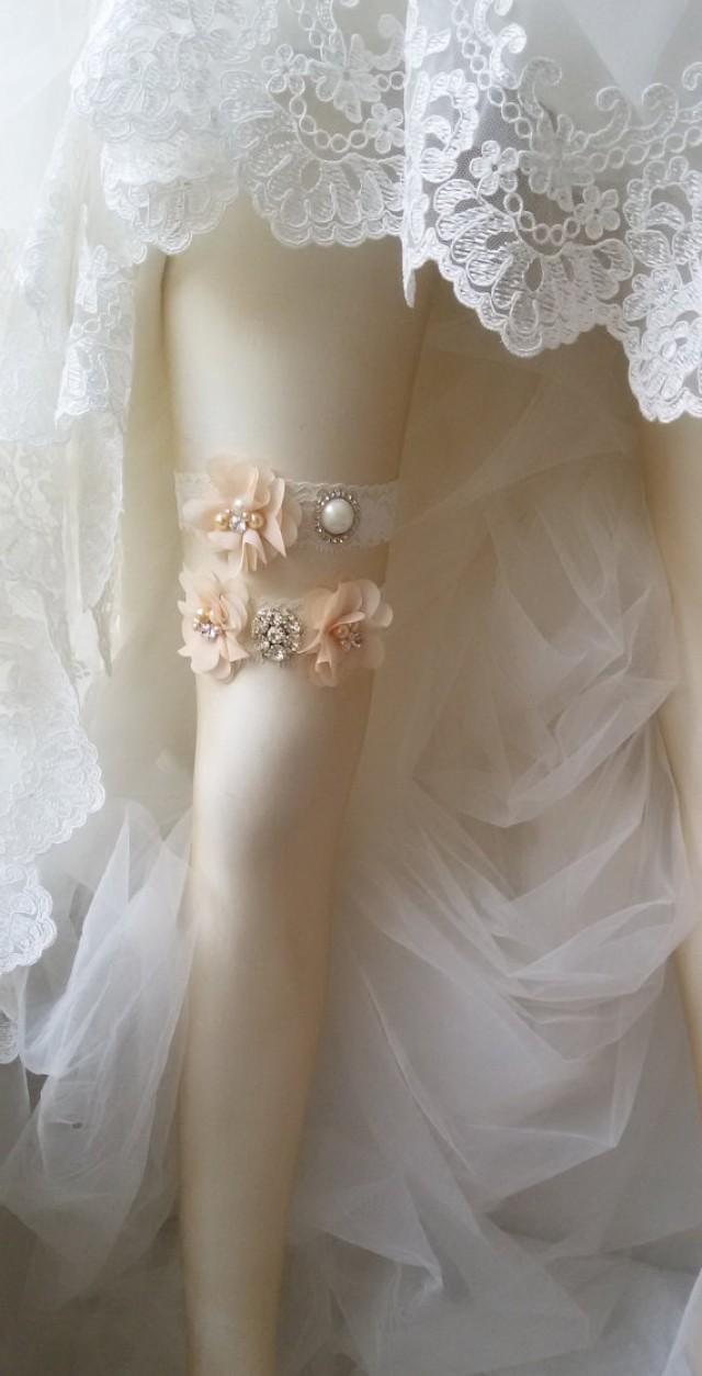 wedding photo - Wedding garter, Wedding leg garter, Weddings , Bridal accessoary, Champagne wedding garter, Chiffon Flower Rhinestone Lace Garters