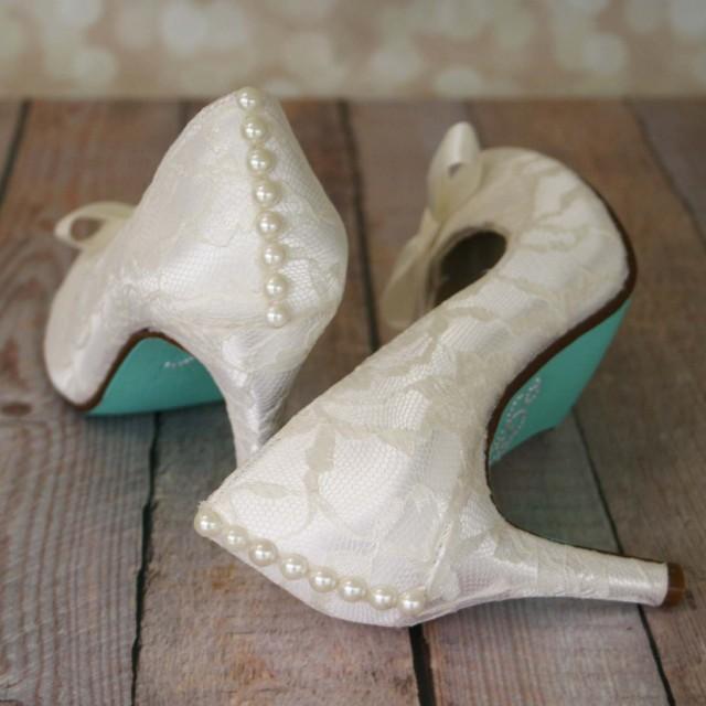 wedding photo - Ivory Wedding Shoes -- Ivory Closed Toe Wedding Heels with Ivory Lace Overlay, Satin Bow on Toe, Pearl Buttons and Blue Painted Sole