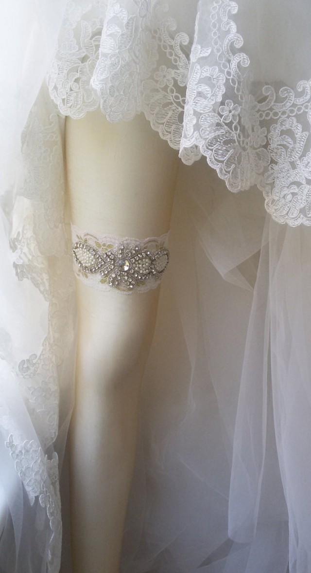 wedding photo - Wedding Garter , Ivory Lace Garter , Bridal Leg Garter, Wedding Garters, Bridal Accessory, Rhinestone Crystal Bridal Garter