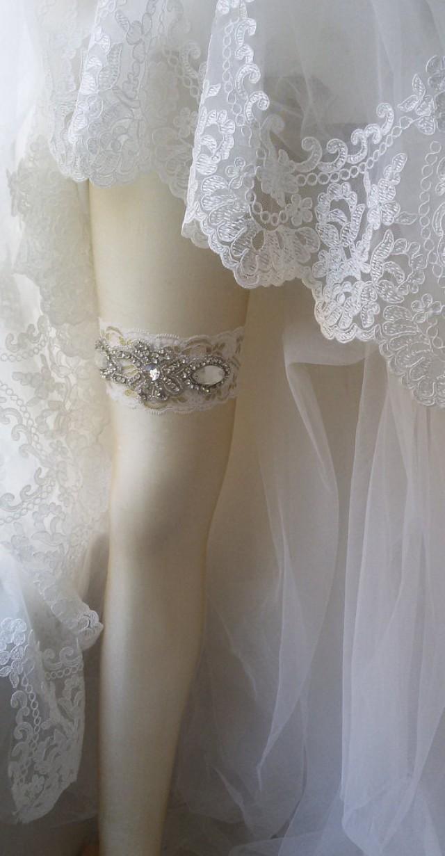 wedding photo - Wedding Garter , Ivory Lace Garter , Bridal Leg Garter, Wedding Accessory, Bridal Accessory, Rhinestone Crystal Bridal Garter