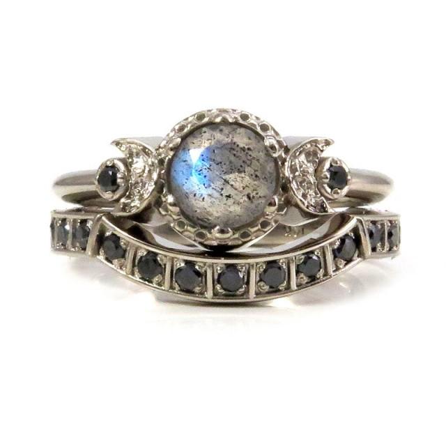 wedding photo - Modern Gothic Engagement Ring Set - Labradorite and Black Diamond Moon Phase Stacking Wedding Rings
