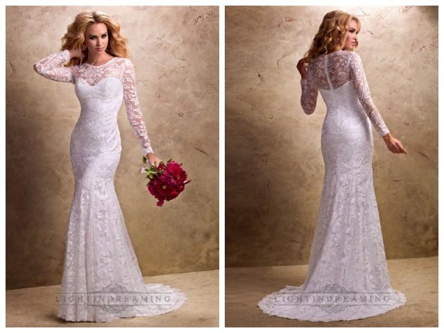 wedding photo - Fit and Flare Long Sleeves Sheer Wedding Dresses with Sweetheart Neckline