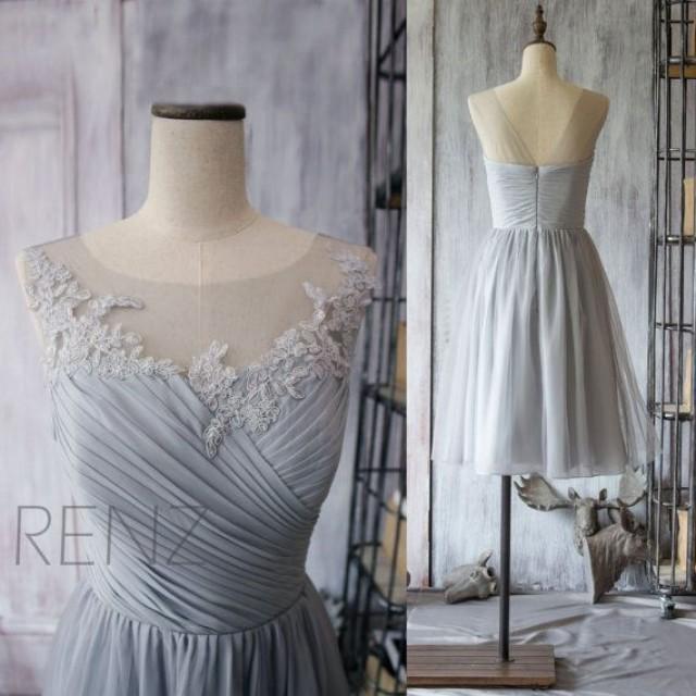 2016 Grey Bridesmaid Dress, Chiffon Cocktail Dress, A Line Gray Prom Dress, Short Lace Wedding Dress, Formal Dress Tea Length (F149)-Renz