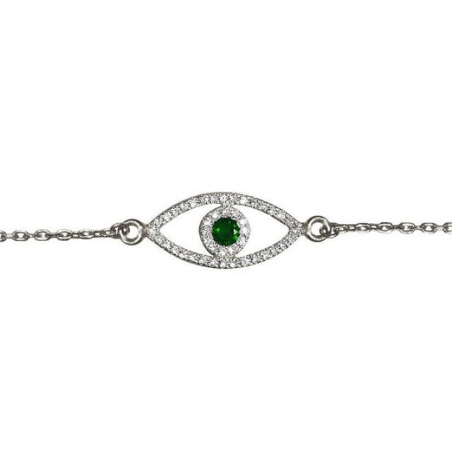 wedding photo - Evil Eye Diamond Bracelet With Green Emerald , 14K solid gold.