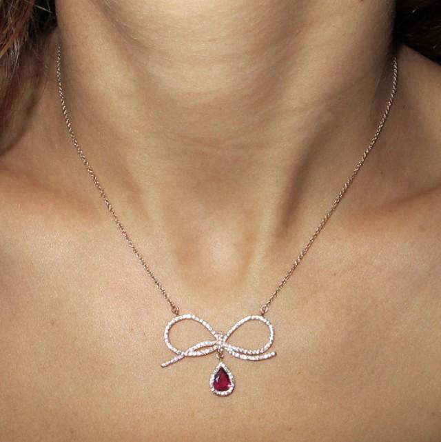 wedding photo - Natural Red Ruby Pendant Necklace, Bow Necklace, White Gold Necklace, Diamond Necklace, Solid Gold Pendant, Ruby Necklace