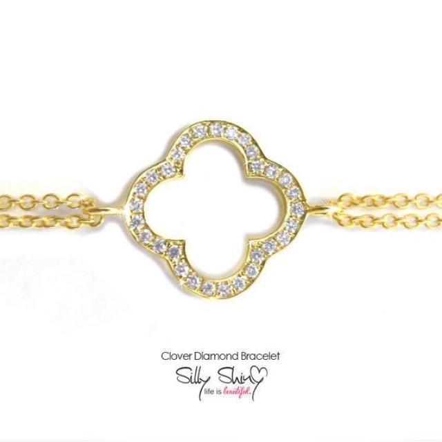 wedding photo - Clover Diamond Bracelet 14K gold- Silly Shiny Diamonds, Birthday, Casual, Luck Charm, Lucy Bracelet, Good Luck, Graduation gift