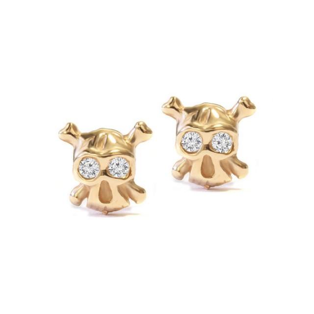 wedding photo - Stud Earrings Gold & Diamonds - The Ride or die - Tiny Skull, 14K or 18K gold, 0.05 carat total diamond weight