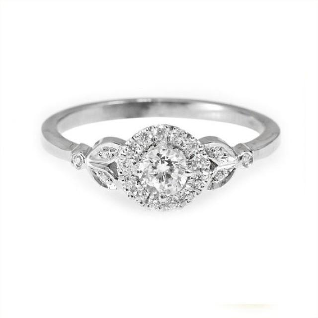 wedding photo - Diamond Engagement Ring with Pave Diamonds Halo Crown - 0.3 carat Round Diamond - 18k Solid Gold - 14k Solid Gold
