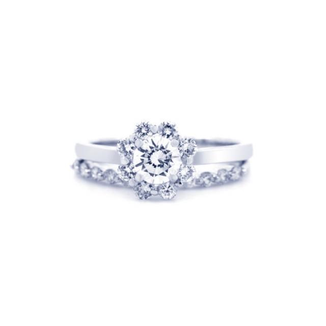 wedding photo - Ring, Flower Wedding Set, Diamond Flower Rings, Engagement Ring and Wedding Set, Diamond Engagement Ring, Diamond Ring W/Halo 