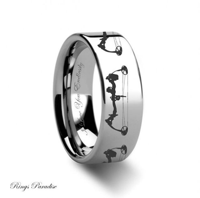 wedding photo - Tungsten Wedding Band, Mens Tungsten Ring, Unique Engagement Rings, Bow Archery Design Ring Engraved Flat Tungsten, His, Her Promise Rings