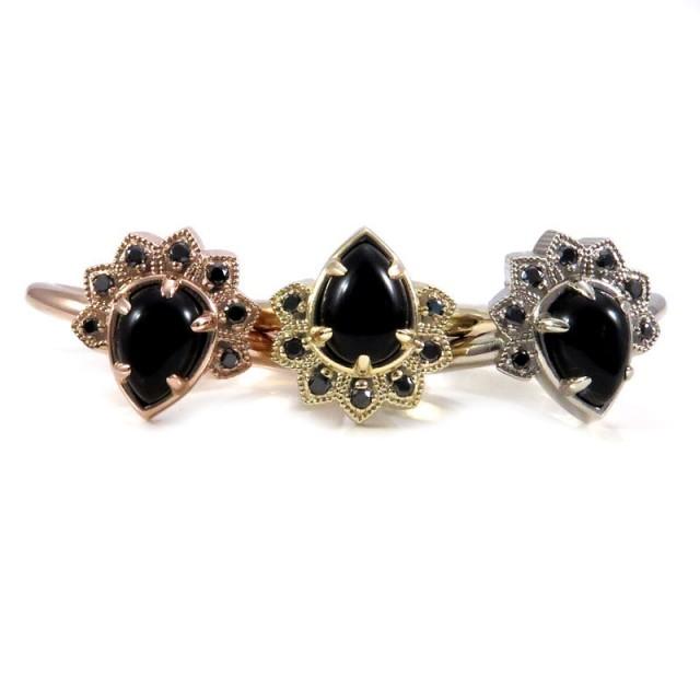 wedding photo - Black Lace Pear and Black Diamond Modern Crown Ring - Rose, Yellow or White Gold Engagement Ring