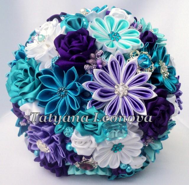 Fabric Wedding Bouquet, Brooch bouquet "Melissa" Turquoise, White and Purple