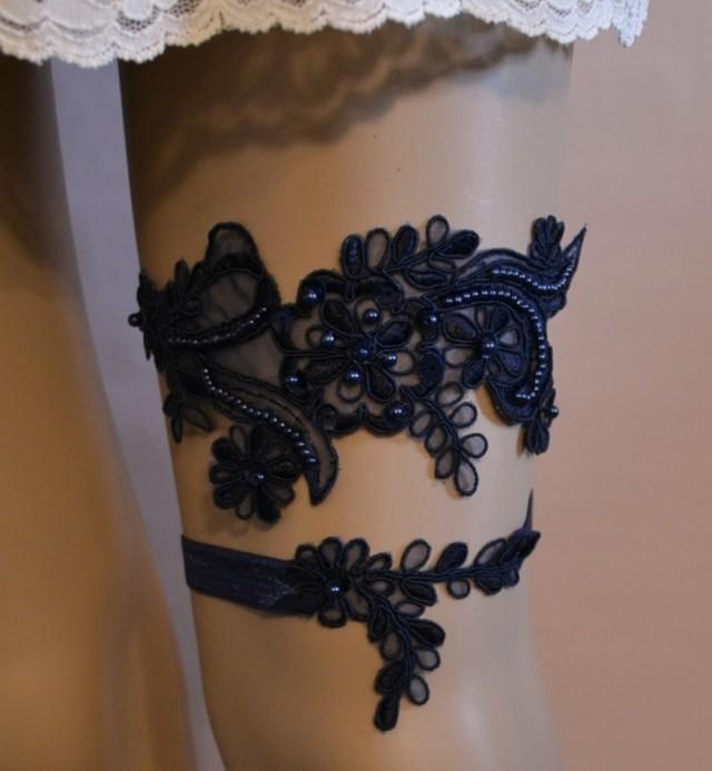 wedding photo - Navy Blue Wedding Garter, Wedding Garter Set, Navy Blue Beaded Lace Bridal Garter Belt