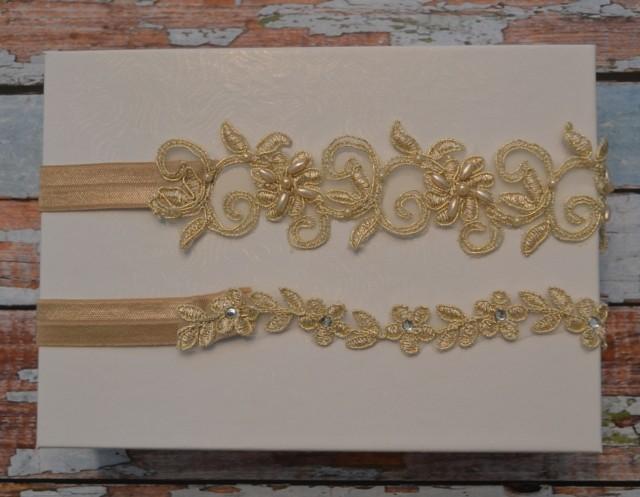 wedding photo - Champagne/Gold Wedding Garter, SALE Gold Beaded Lace Bridal Garter Belt With Pearls and Sequins