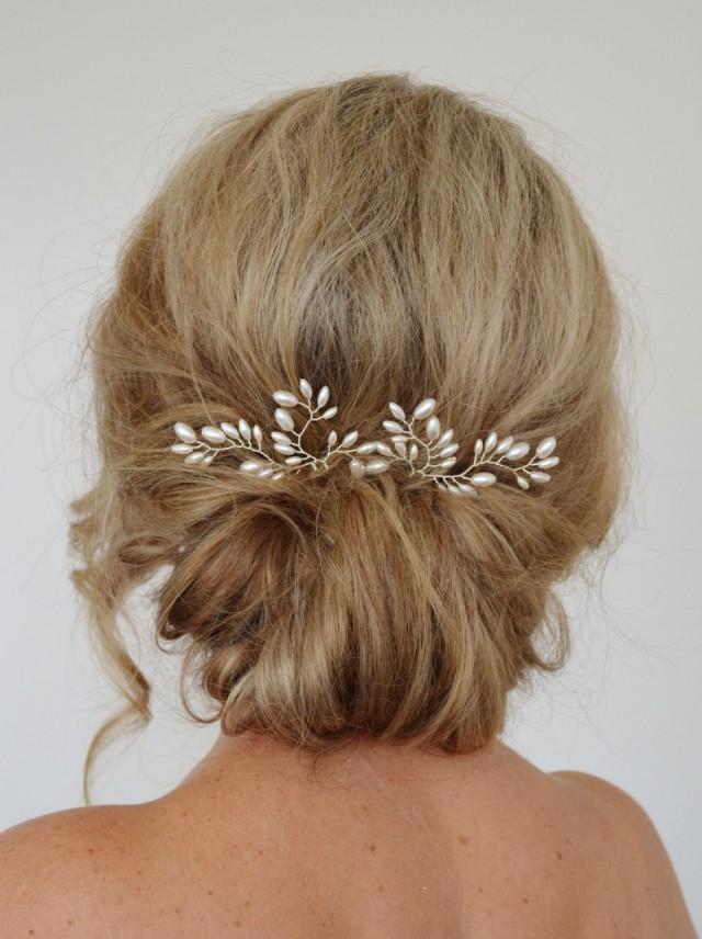 wedding photo - Art Deco Wedding Hair Accessories, Fern Leaf Bridal Hair Pins, Rice Pearl Formal Hair Pins, Wedding Hair piece, Wedding Hair Pins, Set of 2