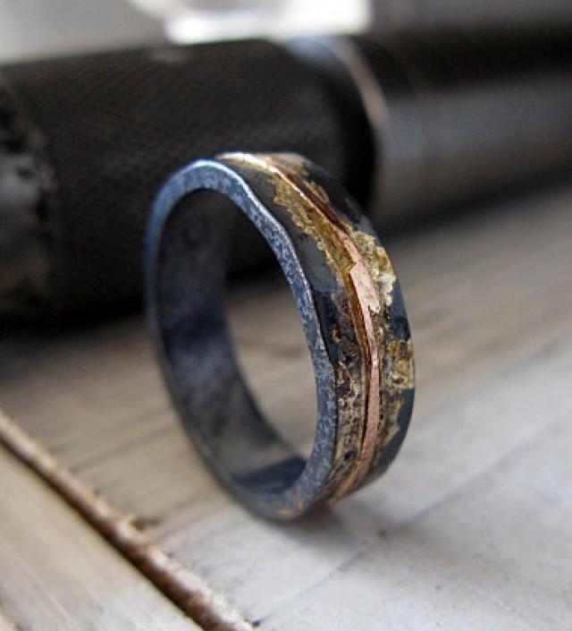 mens wedding band rustic wedding band mens wedding ring oxidized ring gold black ring rustic ring unique ring bimetal ring ooak ring artisan