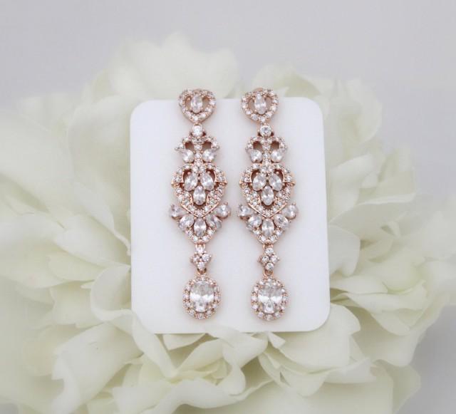 Rose Gold Bridal Earrings Crystal Wedding Jewelry Rose Gold Bridal Earrings Crystal Wedding Jewelry Long Chandelier Cz Rhinestone 2499884