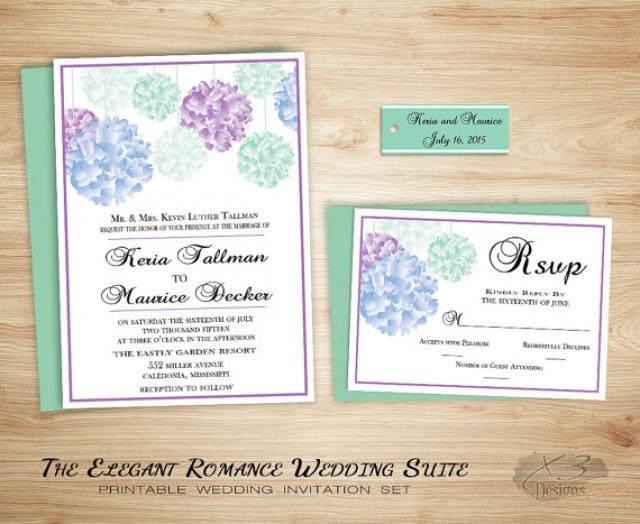 wedding photo - Spring Country Wedding Invitation, Printable Rustic Wedding Invitation, Mint Green & Purple Summer Floral Invite DIY, Shabby Chic Wedding