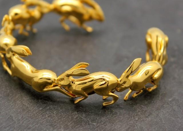 wedding photo - Running Rabbit Bracelet, Cuff Bracelet, inspired by Italian Futurist, 3D printed jewelry in golden brass, free shipping