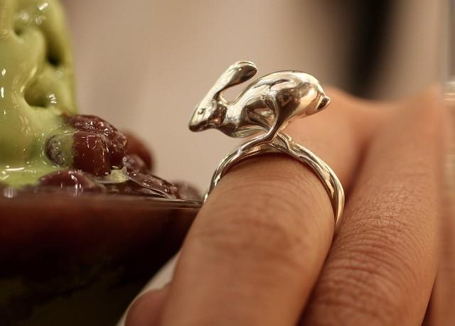 wedding photo - Running Rabbit Ring - Anticipation, 3D printed in sterling silver, silver rabbit ring
