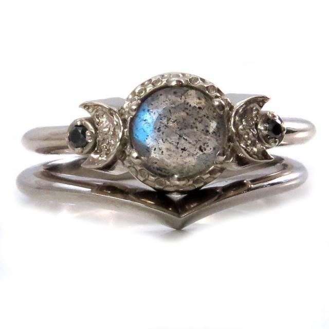 wedding photo - Gothic Triple Moon Engagement Ring Set - Labradorite and Black Diamonds - White, Yellow or Rose Gold