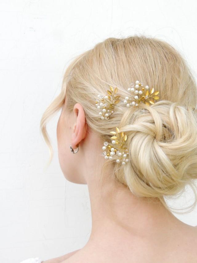 wedding photo - Set of 3 gold leaf hair pin, bridal hair pins, pearl bridal hair pins, gold hair pins, gold leaf hair pins, Wedding Hair Accessories