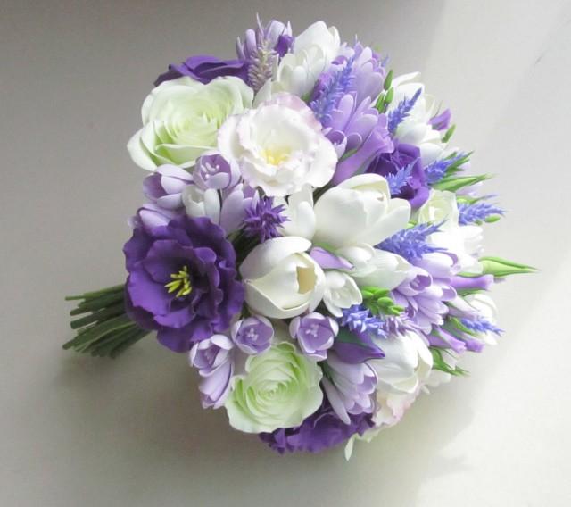 Freesia, Eustoma, Tulip, Rose, Lavender Bridal Bouquet. Lilac, Pale 