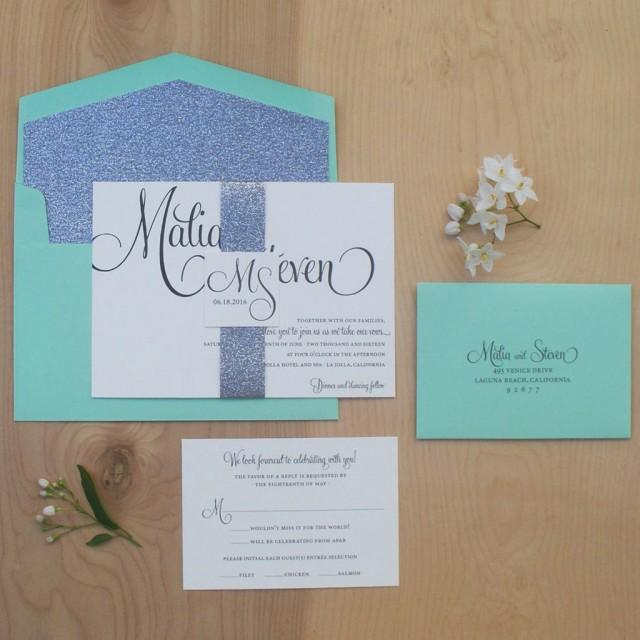 wedding photo - Mint and Silver Glitter Wedding Invitation -Engagement Announcement, Bridal Shower Invitation