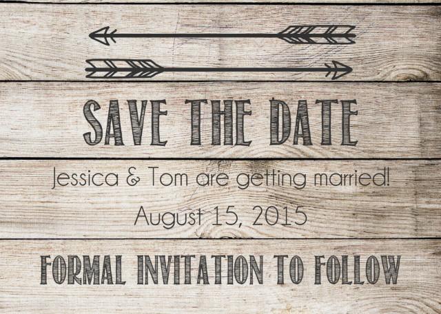 Save the Date printable postcard. Rustic, tribal arrows with barnwood background. Save the date card. Digital File JPG or PDF. Printable