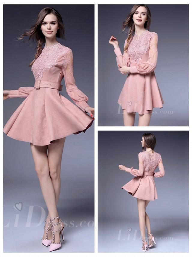 wedding photo - Pink Long Sleeves Coctail Dress