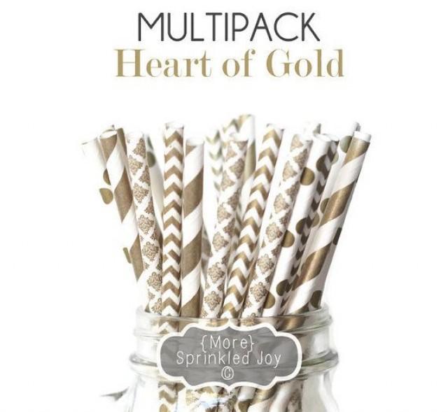 GOLD Mix Multipack, Straws, Gold, Chevron, Dots, Stripes, 25 Straws, Shower, Bridal, Damask, Polka, Party, Wedding, Christmas, New Year