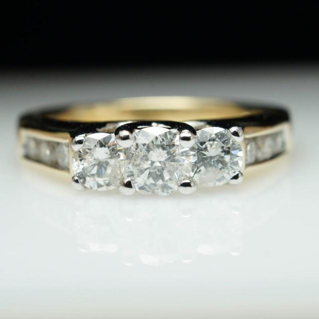 wedding photo - Vintage 3 Stone Diamond Engagement Ring 14k Yellow Gold Three Stone Channel Set Side Diamonds Wedding Ring Band
