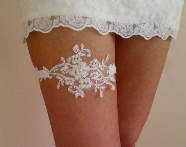 wedding photo - Ivory Wedding garter bridal garter lace ivory handmade with sewing sequins beads pearl lace bridal garter garters free shipping