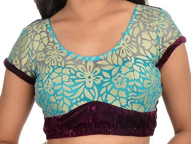 wedding photo - Beautiful Blue Color Brocade Saree Blouse with flower Wedding Blouse