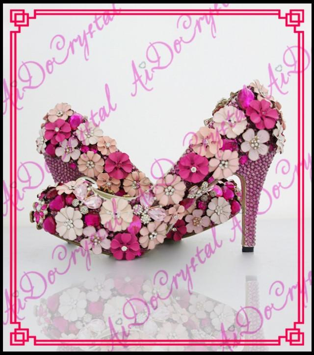 wedding photo - Aidocrystal bridal fuchsia low heel wedding shoes handmade flower crystal shoes with removable heel