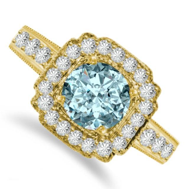 wedding photo - Vintage Style Aquamarine & Diamond Engagement Ring 14k Yellow Gold - For Women - Gemstone Engagement Rings
