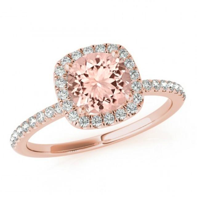 wedding photo - Round Morganite & Cushion Diamond Halo Engagement Ring 14k Rose Gold - Morganite Engagement Rings for Women