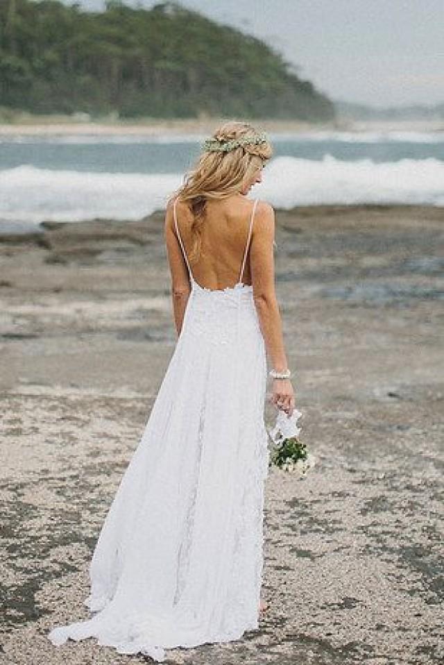 Boho Summer Beach Wedding Dresses A Line Spaghetti Straps Lace Bodice Chiffon Skirt Backless Open Back White Wedding Gown From Meetdresse