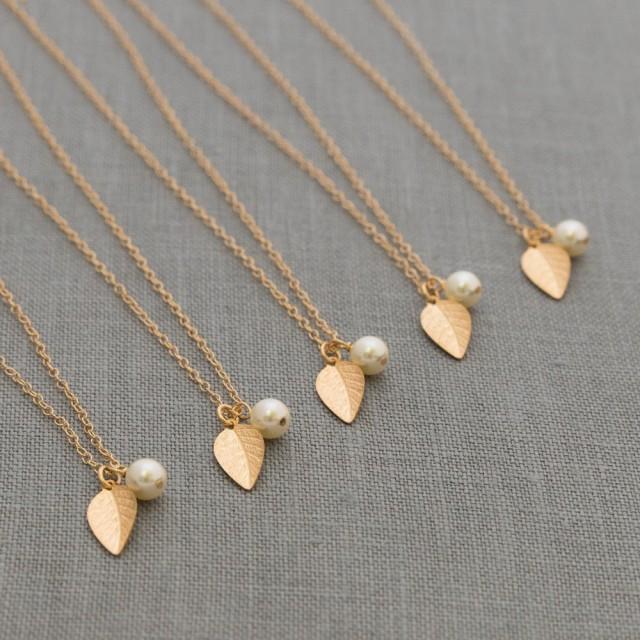 Fall Bridesmaid Jewelry, Gold Leaf & Pearl Necklace Set Of 5, Fall