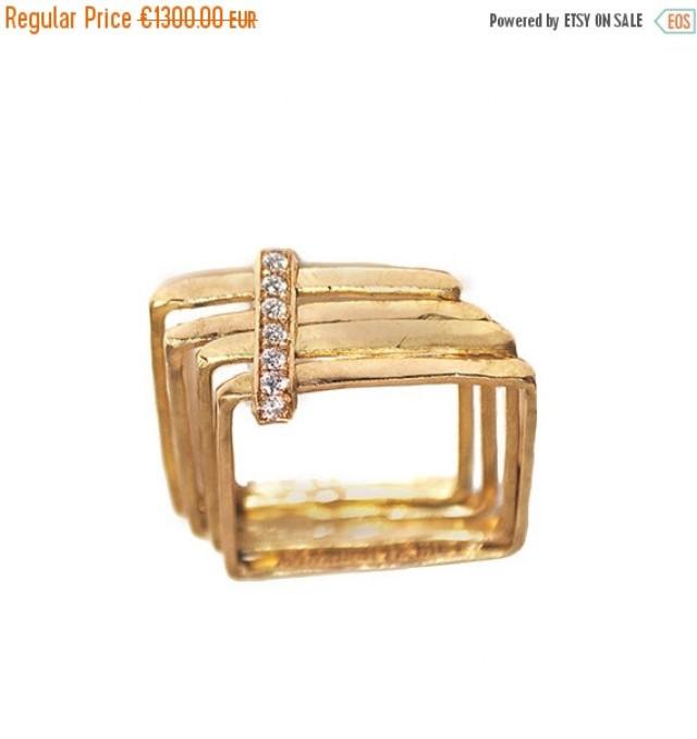 wedding photo - SALE 20% OFF Square ring 18kt yellow gold and diamonds pave - modern wedding ring - contemporary wedding band