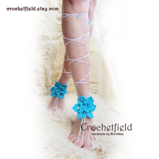 wedding photo - EXOTIC Flower, Beaded Crochet Lace Up Barefoot Sandals, knee high, gladiator boots, beach, pool, wedding, gypsy, leg chain, leglet