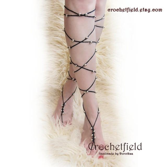wedding photo - BEADED Lace Up Barefoot Sandals, knee high, gladiator boots, long, beach, wedding, leg chain, arm, leglet, night out party, bracelet