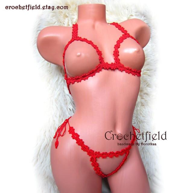 wedding photo - Sexy crochet red open harness bra & thong, g-string, erotic lingerie, panties,gift for her,beach party, Brazilian Bikini