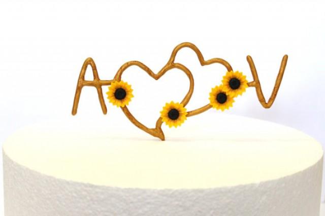 wedding photo - Sunflower Initials Cake Topper Personalized,Rustic Heart Cake Topper,Rustic Wedding Cake Topper,Sunflower Wedding, Topper Sunflower Wedding