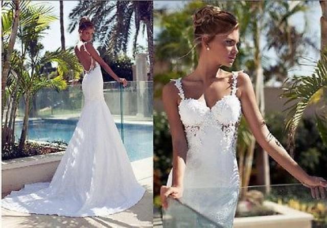 wedding photo - Sexy Spaghetti Strap White Beach Backless Mermaid Lace Wedding Dress Bridal Gown