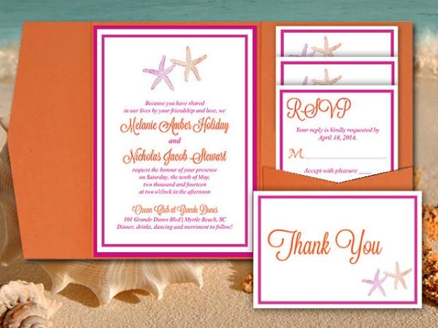 Starfish Wedding Pocketfold Template - Beach Wedding Invitation - Fuchsia Orange Invitation RSVP Accommodation Reception Thank You